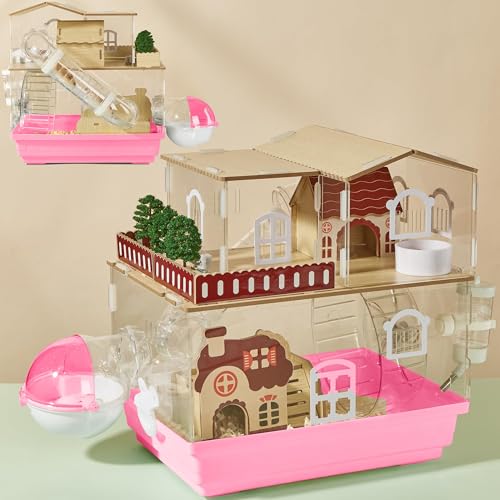 12 in 1 Clear Acrylic Hamster Cage with All Accessories (13.4"L x 10.2"W x 14.6"H / Pink)