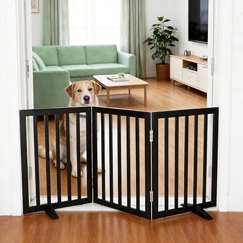 Freestanding Indoor Dog Gate for House Foldable Wood Puppy Gate for Doorways Pet Gate for Stairs Extra Wide Pet Fence (Black / 【3 Panels】60''w x 24''h)