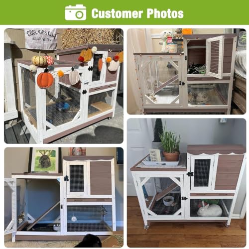 Rabbit Hutch Indoor Rabbit Cage with Wheels Outdoor Bunny House 2 Story Guinea Pig Cage with Leakproof Tarp Roof (Brown)