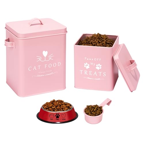 Farmhouse Cat Food and Treats Containers + Feed Scoop + Pet Food Bowl (Pink)