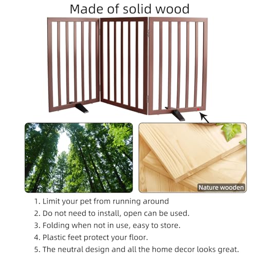 Freestanding Indoor Dog Gate for House Foldable Wood Puppy Gate for Doorways Pet Gate for Stairs Extra Wide Pet Fence (Brown / 【3 Panels】60''w x 32''h)