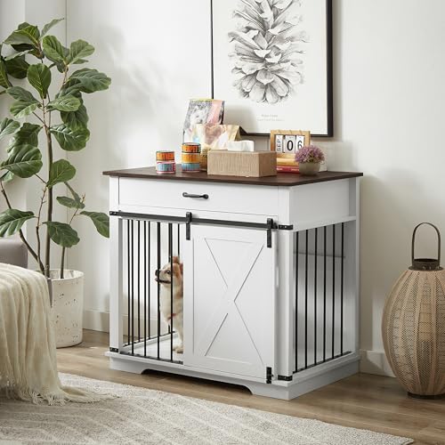 37.8'' Dog Crate Furniture with Storage Drawer (White)
