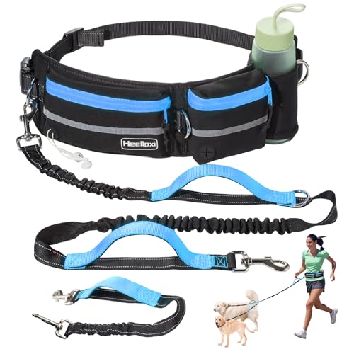 Hands Free Waist Leash with Pouch for Two Dogs (Blue)
