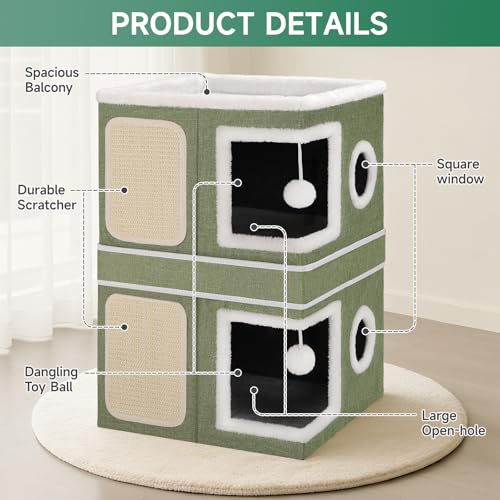 2 Story Cat House beds for Indoor Cats with Scratch Pads Green (Green / Double)