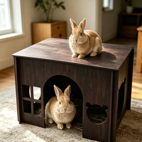Large Sturdy Wooden Rabbit Castle Hideout with Spacious Balcony (Walnut Style 2 / Medium)