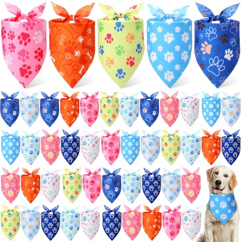 50 Pcs Paw Print Dog Bandanas Bulk for Party (Paw Pattern / 25.6 x 17.7 x 17.7 Inch)