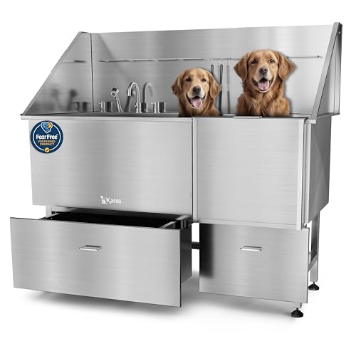 Professional Dog Washing Station 304 Stainless Steel Pet Wash Sink (Silver, Right Ramp, 2 Drawer / 61 Inches)