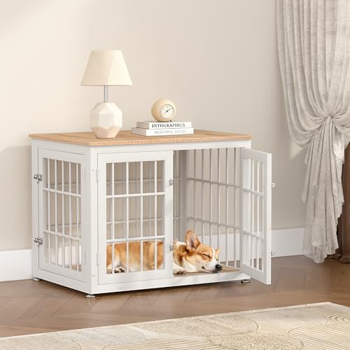 32" Heavy Duty Dog Crate Furniture for Small and Medium Dogs (White + Natural / 32.7"L x 23.6"W x 26.2"H)