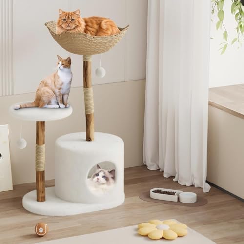 Modern Real Wood Cat Tree Tower for Large Cats (White / 1 perch)