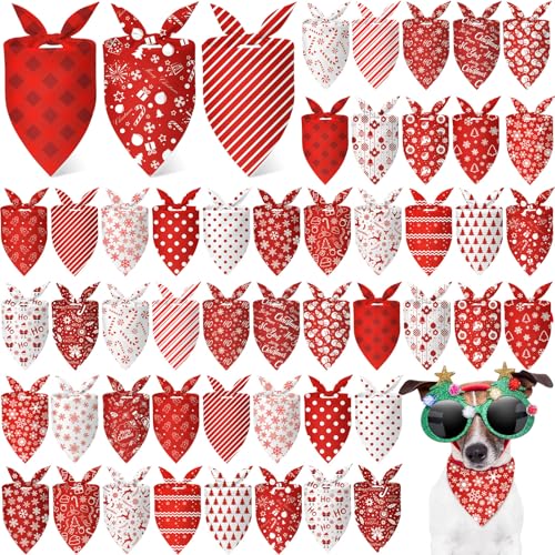 50 Pcs White and Red Dog Bandanas Bulk Polka Dots Stripes Snowflake Bandanas for Dog Triangle Kerchief Bibs Scarf for Pet Party Costume Photo Props Accessories (Red White Christmas / 25.6 x 17.7 x 17.7")