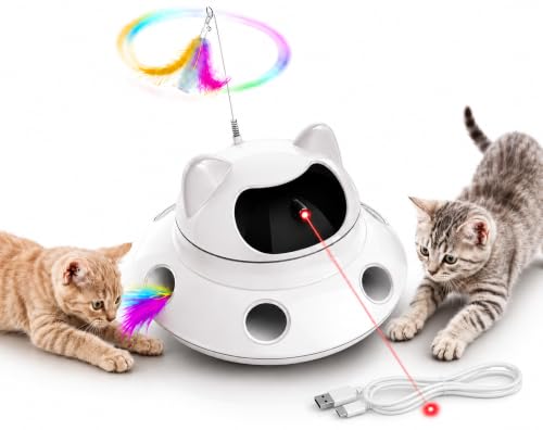 3-in-1 Auto Laser Cat Toy, USB Recharge Motion Activated Kitten Feather Chase Toy - Off-White (Off-white)