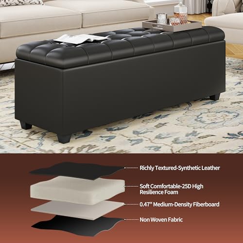 Black 38" Faux Leather Storage Ottoman Bench with Hinged Lid and Footrest (Black)