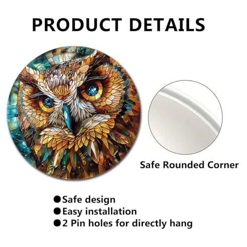Metal Sign Tin Sign Circular Stained Glass Owl Bathroom Signs Decor For Home Decor 8×8 Inches (8×8 Inches / Owl-1)