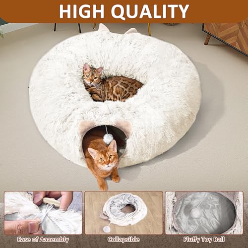 Cat Tunnel with Cat Bed for Indoor Cats (Cream white)