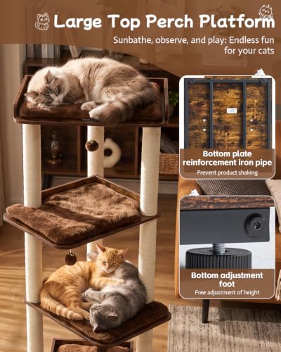 67.7" Wooden Cat Tree for Large Cats (Rustic Brown / 23.6"L x 22.8"W x 67.7"H)