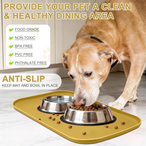 Waterproof Silicone Pet Food Mat with Raised Edge for Dog & Cat (Honey / 24"L x 16"W)