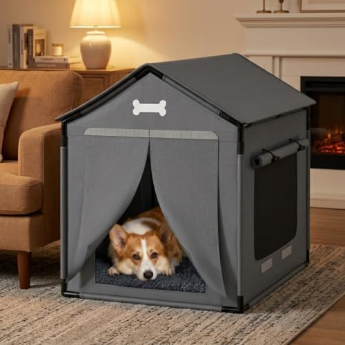 27.6" Dog House Indoor Outdoor Dog Kennel Tent Bed with Door Curtain (Grey / L with Door Curtain: 27.6"L x 21.3"W x 26.8"H)