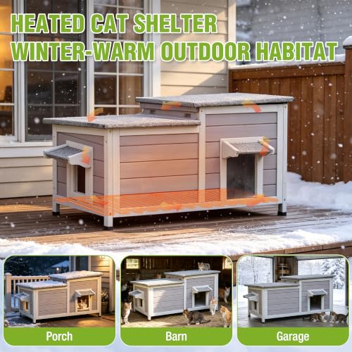Large Heated Cat House Outdoor Insulated Cat House Weatherproof Feral Cat Shelter with Thermostat
