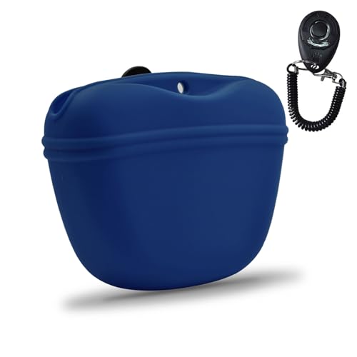 Silicone Dog Treat Pouch with Clicker Magnetic Closure Secure Clip (1 Pack / Navy blue)