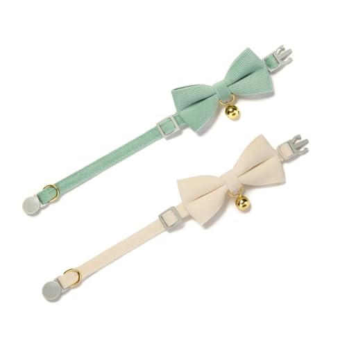 2 Pack Soft Corduroy Cat Collars with Bow Tie & Bell Adjustable Breakaway Kitten Bowtie Collar for Female Male Cats (S:Neck 7.0" - 11.0" / Corduroy-White Grass Green)