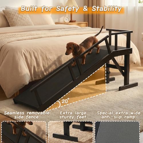 61" Dog Ramp for Bed with Rest Platform & Glow Strips (Black / 61"L x 20"H x 15.7"W)