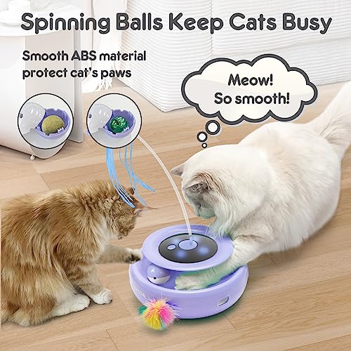 Cat Toy, 3-in-1 Automatic Interactive Electronic Moving Ambush Feather, Fluttering Butterfly, Track Balls, USB Rechargeable Powered Smart Indoor Exercise Kicker (Purple)