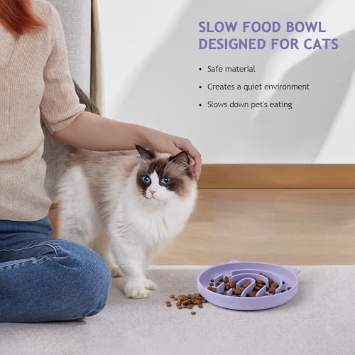 Slow Feeder Cat Bowl Silicone Pet Puzzle Feeder for Slow Eating (Purple / 1 Cup)