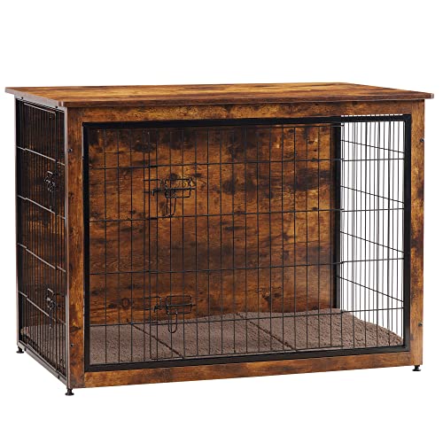 43.3" XXL Dog Crate Furniture with Cushion (Rustic Brown / 43.3"L x 29.1"W x 31.7"H)