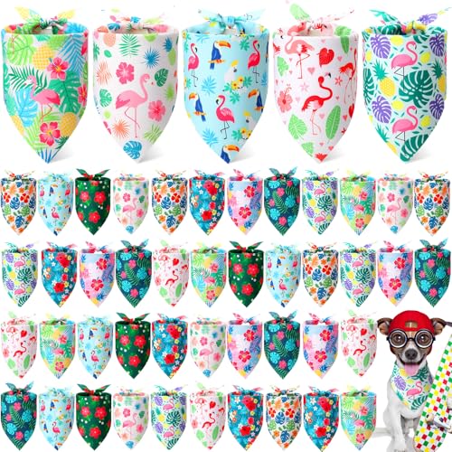 50 Pcs Hawaiian Dog Bandanas Bulk for Dogs Soft Bibs Adjustable Triangle Pet Bandana for Small Medium Large Costume (Hawaii Pattern / 25.6 x 17.7 x 17.7 Inch)