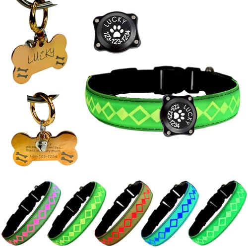 LED Dog Collar with AirTag Holder and Custom ID Tag (GREEN / XL(19.7-23.6"))