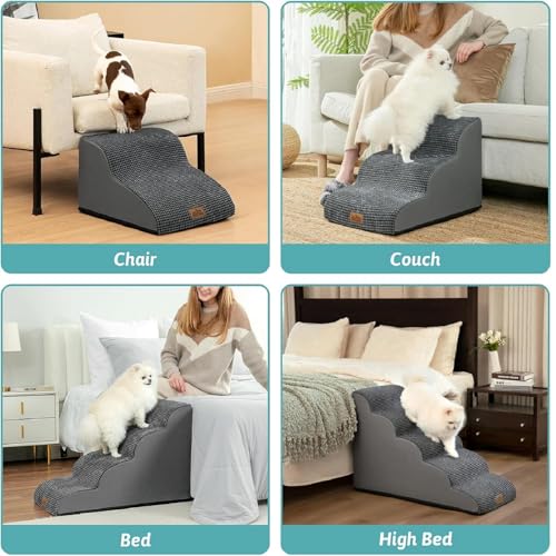 Wide Dog Stairs for Small Dog 15.7" H (Charcoal Grey / Wide:17.7"x22.4"x15.7")