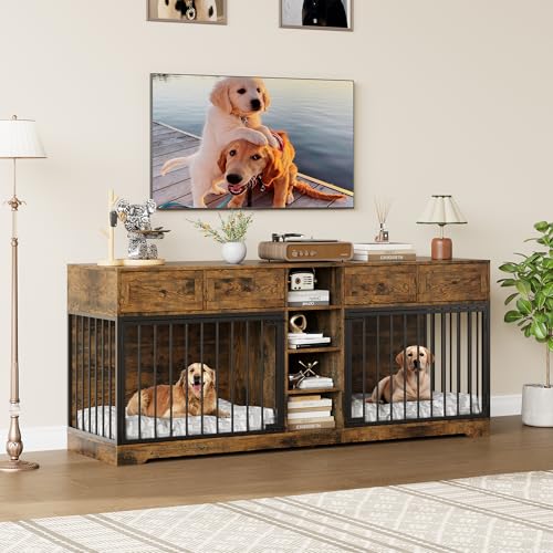 82" Double Dog Crate Furniture with Drawers and Shelves (Brown / 81.9"L x 23.6"W x 33.5"H)
