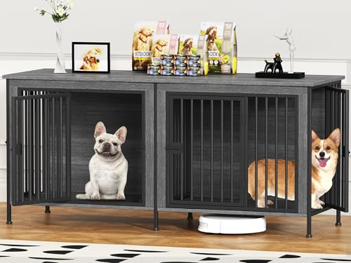 63" Dog Crate Furniture for 1 or 2 Dogs (Dark Grey / 63.0" x 23.6" x 27.9")