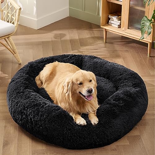 Calming XL Dog Bed Donut Washable Extra Large Pet Bed (45"L x 45"W x 10"Th / Black)