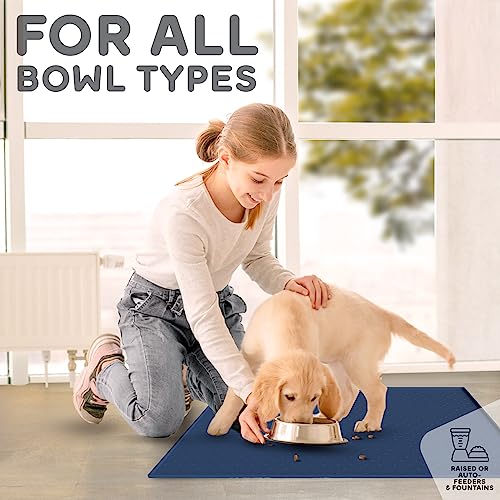 Dog Food Mat Raised Edges Dogs Mat for Food and Water Prevent Spill (18.5" x 11.5" / Navy)