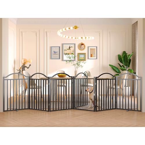 Metal No Assembly Freestanding Dog Gate with Door Walk Through (Black / 6 panels 144"W*32"H HFG)