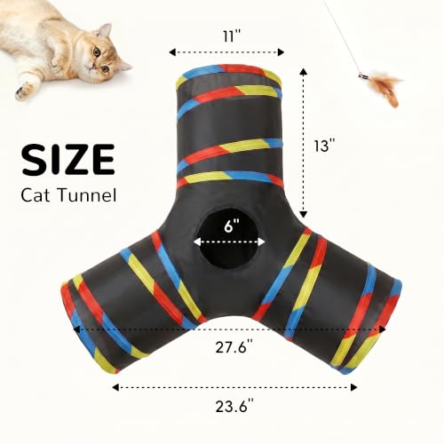 Cat Tunnel, 3-Way Collapsible Toy for Indoor Cats, Black & Rainbow (Black & Rainbow / Small)
