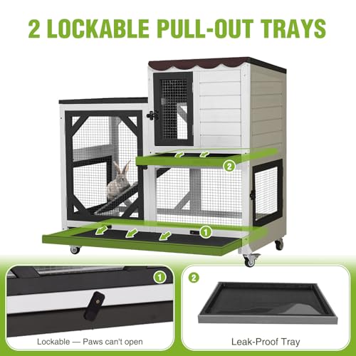 Wooden 2 Story Rabbit Hutch Indoor Outdoor (Black&White / 39.3"L x 22.0"W x 36.8"H)