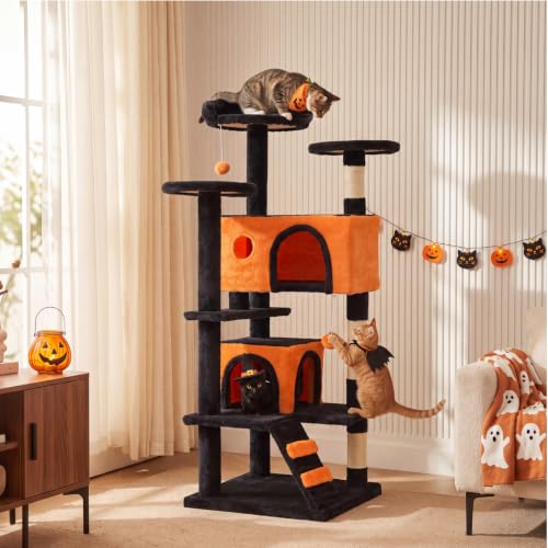 54 inch Cat Tree Tower with Scratching Posts (Black & Orange / 54IN)