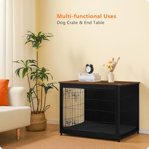 38.5" XL Dog Crate Furniture with Cushion (Black+Warm Brown / 38.5"L x 25.6"W x 26.8"H)