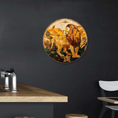 Metal Sign Tin Sign Circular Stained Glass Lion Greenhouse Decor For Pub 12×12 Inches (12×12 Inches / Lion-1)