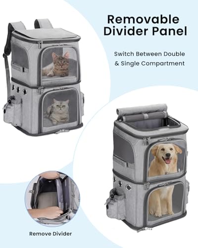 Double Compartment Cat Backpack Carrier for 2 Pets up to 18 lbs (14.6"L x 11.2"W x 21.6"H / Grey)