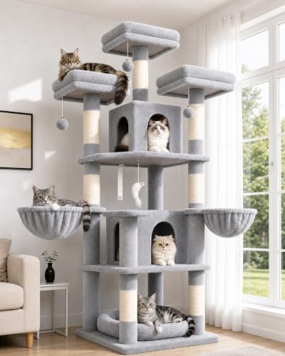 Big XL Cat Tower for Indoor Multiple Cats (Light Grey / 68 inch)