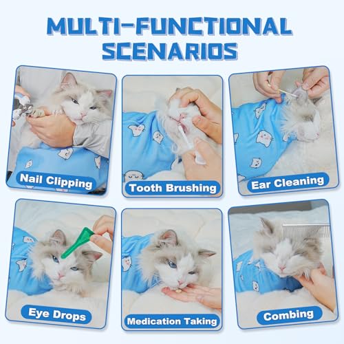 Cat Grooming Wrap for Nail Trimming (L-27.6in ( Weight:＜ 17lbs ) / BlueCat)