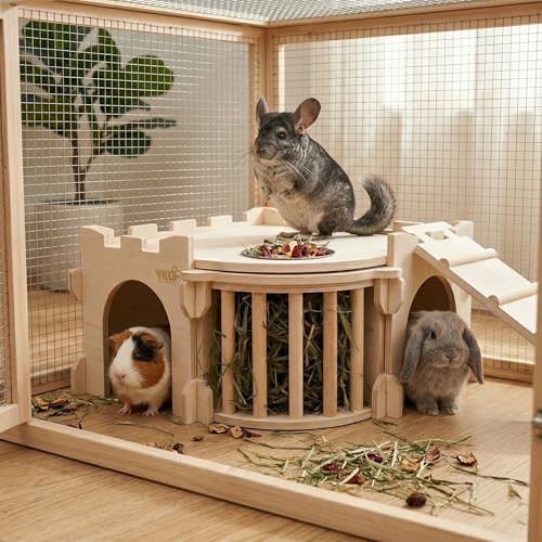Natural Wood Chinchilla House with Ladder and Hay Feeder (Extra Large Assembly Style)