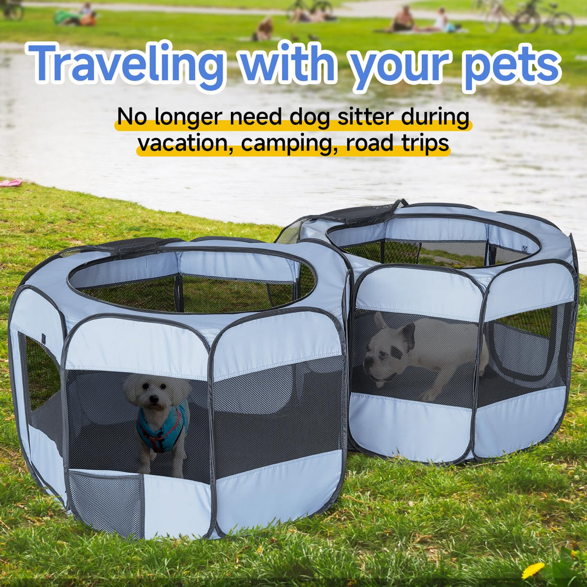 2-in-1 Pop Up Dog Playpen Cat Pet Puppy Playpen, Non-Detachable (Grey / 71"L x 34"W x 24.1"H)