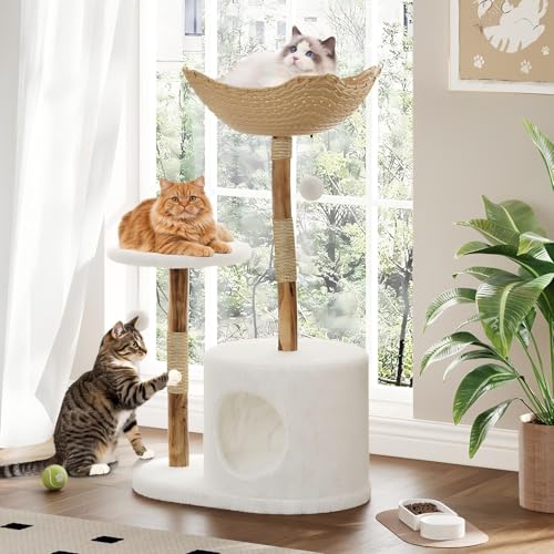Modern Real Wood Cat Tree Tower for Large Cats (White / 1 perch)