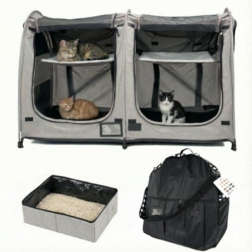 Portable Twin Compartment Show House Cat Cage Condo (Gray)