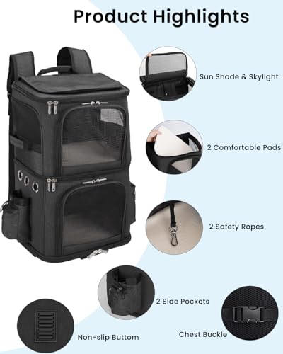 Double Cat Carrier Backpack for 2 Cats or Small Dogs (14.6"L x 11.2"W x 21.6"H / Black)