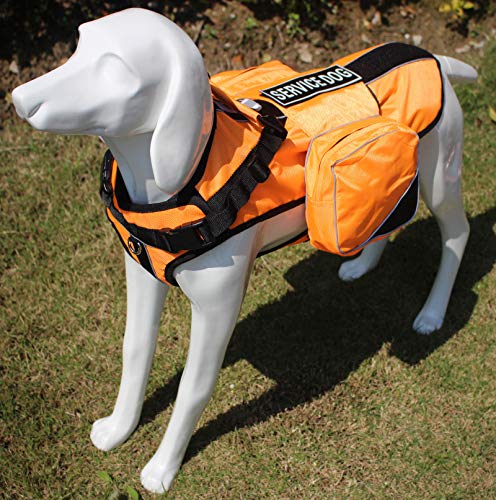 Dog Vest Harnesses with Saddlebag Backpack for Camping & Travel (M / Orange)